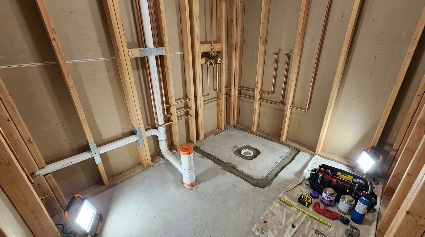 Bathroom rough-in plumbing during remodel by Johns Plumbing LLC in Harbor Springs