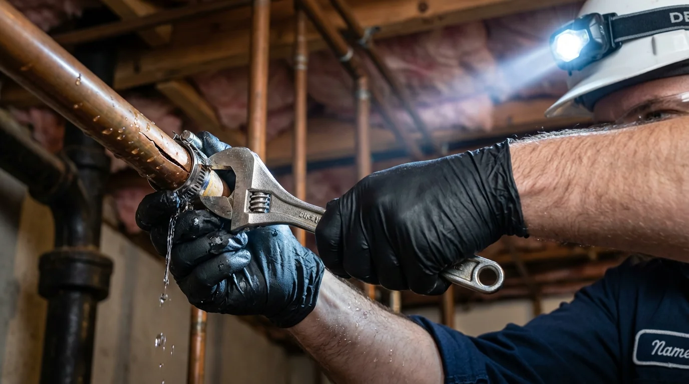 Emergency pipe clamp repair being performed by a Johns Plumbing LLC plumber in Harbor Springs