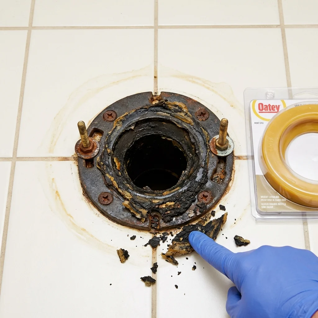 Failed wax ring showing water seepage at the base of a toilet in a Harbor Springs, MI home