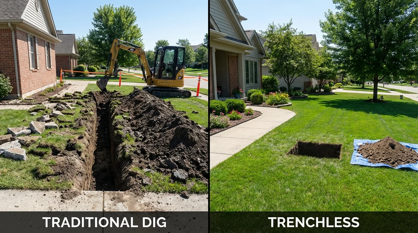 Trenchless sewer repair with minimal yard damage versus traditional excavation in Harbor Springs, MI