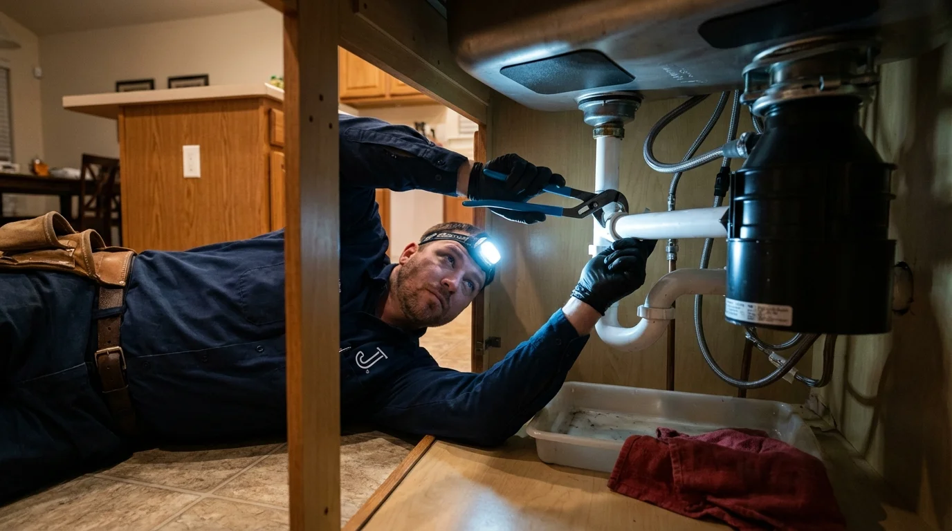 P-trap and supply line connections under a kitchen sink showing a common leak point in Harbor Springs, MI